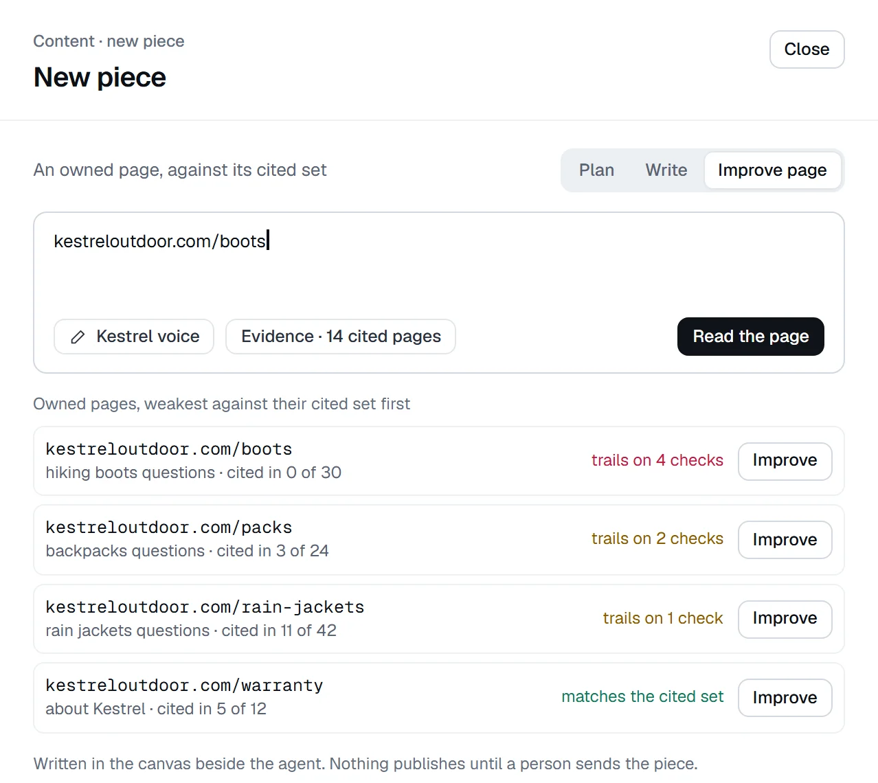 Improve an owned page in Kestrel’s voice: owned pages listed weakest first against their cited set, from /boots trailing on four checks to /warranty matching its cited set