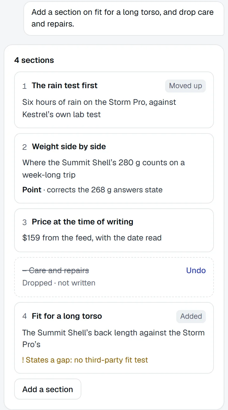 The Agent’s answer: Storm Pro is recommended over the Summit Shell in 14 of 36 rain-jacket answers, with the picks engine by engine