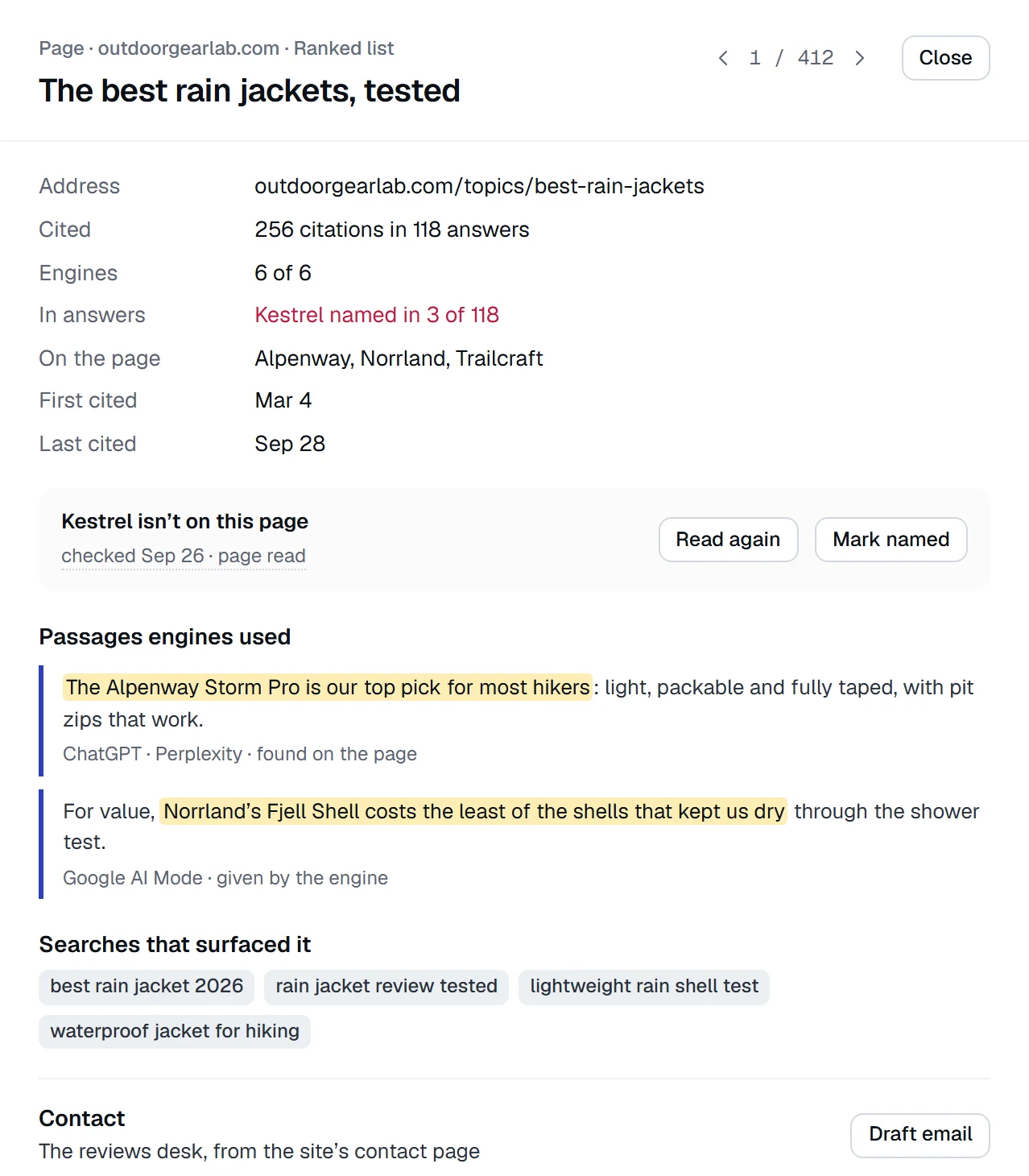 OutdoorGearLab’s best rain jackets page: cited in 118 answers, Kestrel is not on the page, and the passages engines used name Alpenway and Norrland