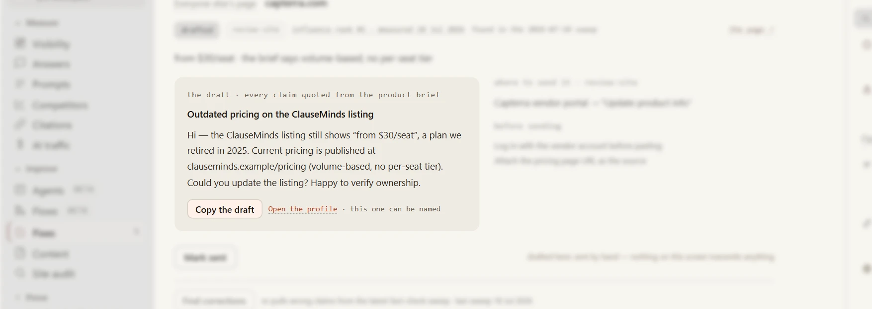 A drafted correction: capterra.com lists ClauseMinds from $30 per seat against an approved fact of $49, shown with a ready-to-paste message, where to send it, what to do before sending, and a line reading we draft; you send — nothing on this screen transmits anything.