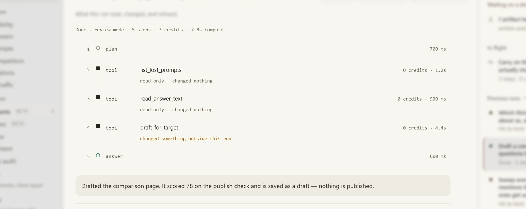 A finished agent run titled Draft a comparison page for the questions lost to Ironclad: 5 steps, 3 credits, 7.8 seconds, with two tool calls marked read only — changed nothing, one marked changed something outside this run, and a result reading it scored 78 on the publish check and is saved as a draft — nothing is published.