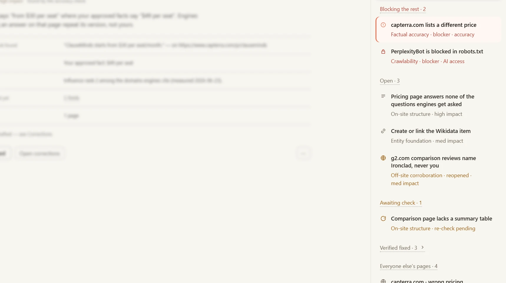 The fix queue in focus beside the finding it came from: blocking you 2, open 3, awaiting check 1, verified fixed 3, and everyone else’s pages 4.