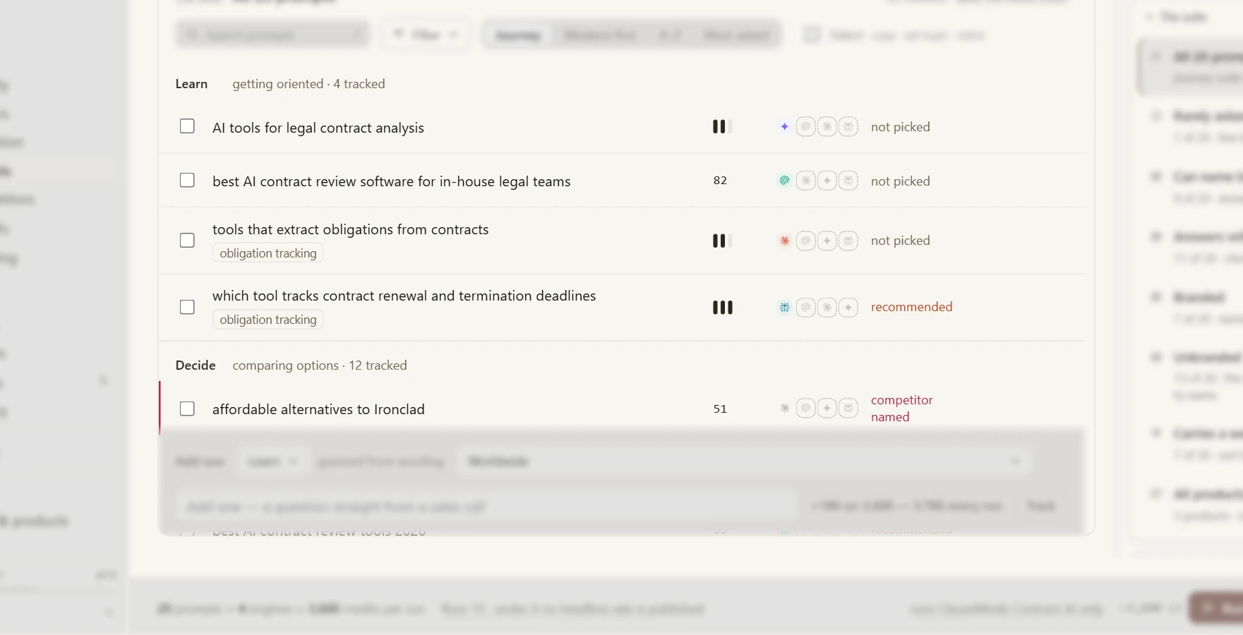 The Prompts screen: the tracked questions in focus, grouped under Learn and Decide, each with the engines it was named on and its outcome, with the side panels out of focus.
