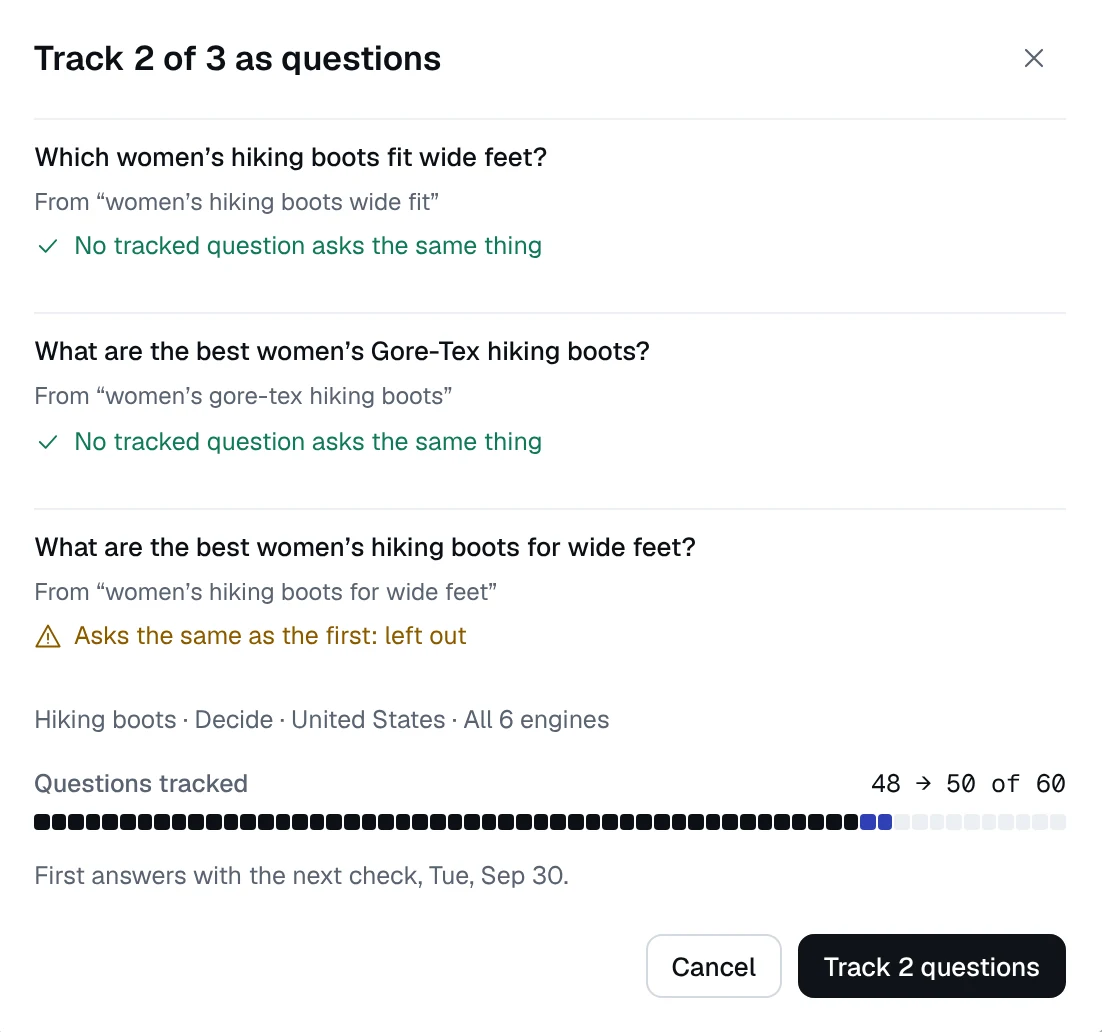 Track 2 of 3 as questions: two new women’s hiking boot questions, and one a tracked question already asks