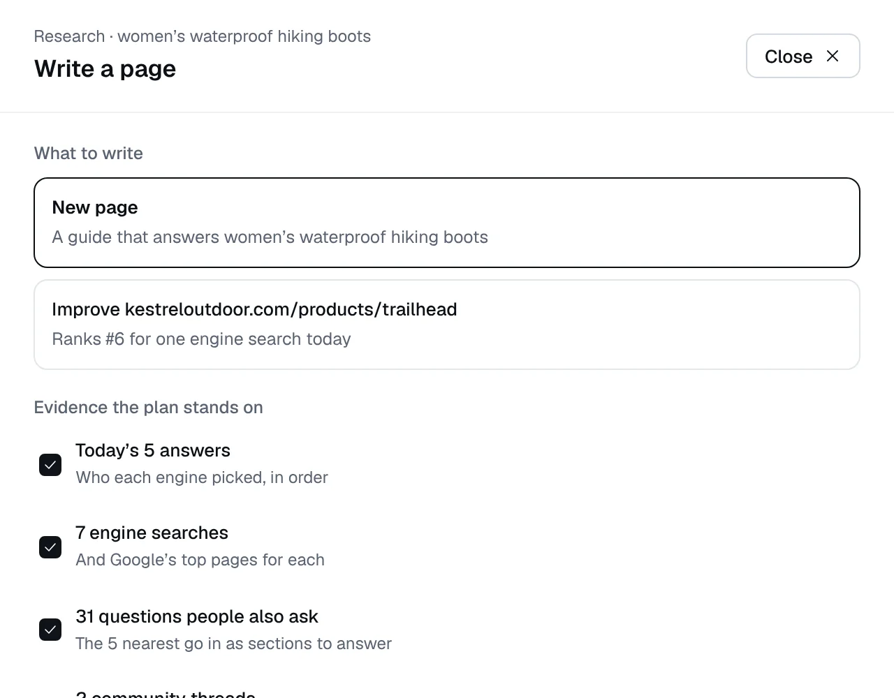 Write a page for women’s waterproof hiking boots: a new guide or an improved Trailhead page that ranks #6 for one engine search, with the answers, searches and questions the plan stands on